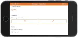 Adding a hand-written signature to an inspection in the OrangeQC app.