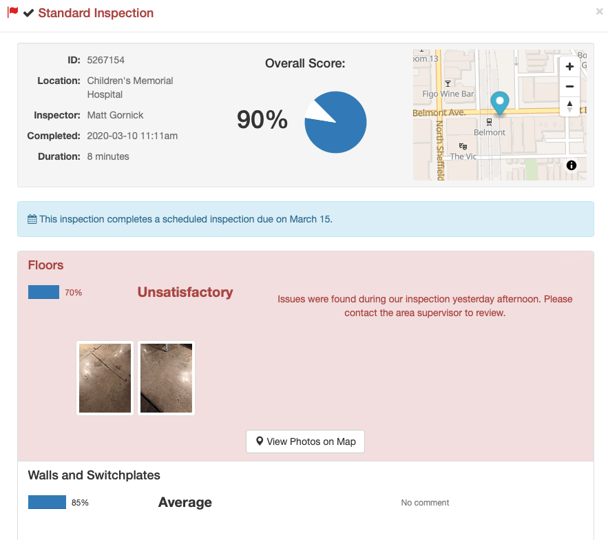 Full inspection report from OrangeQC. The top shows the location (including a map with the GPS location), the inspector's name, the time the inspection was completed, and the duration. Beneath it are the line items with scores, pictures, and notes.