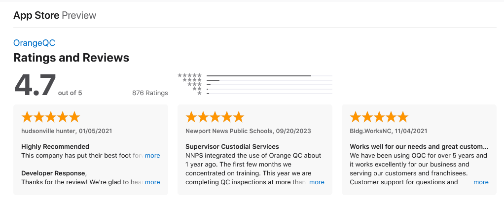 Screenshot from the Apple App Store. Header reads 'OrangeQC Ratings and Reviews.' The app has scored a 4.7 out of 5 with 876 ratings. The screenshot also previews three five-star ratings, which you can read by clicking the link above.