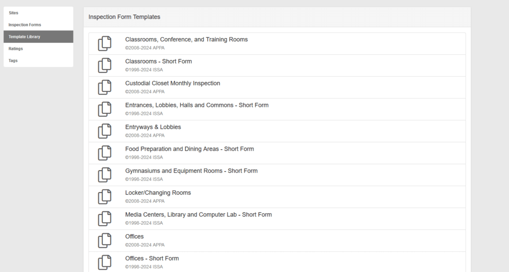 Dashboard listing inspection form templates.