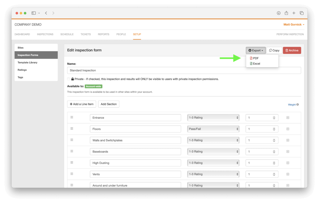 Screenshot of the OrangeQC web app showing Setup > Sites > Inspection Forms, with an arrow to a new Export button in the upper right-hand corner.