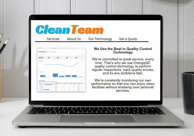Cleaning business website showing a page featuring OrangeQC digital inspection technology.