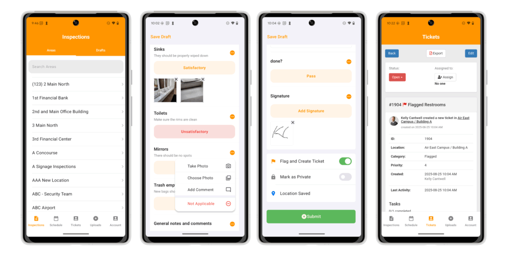 Four devices showing screenshots from the OrangeQC mobile app.