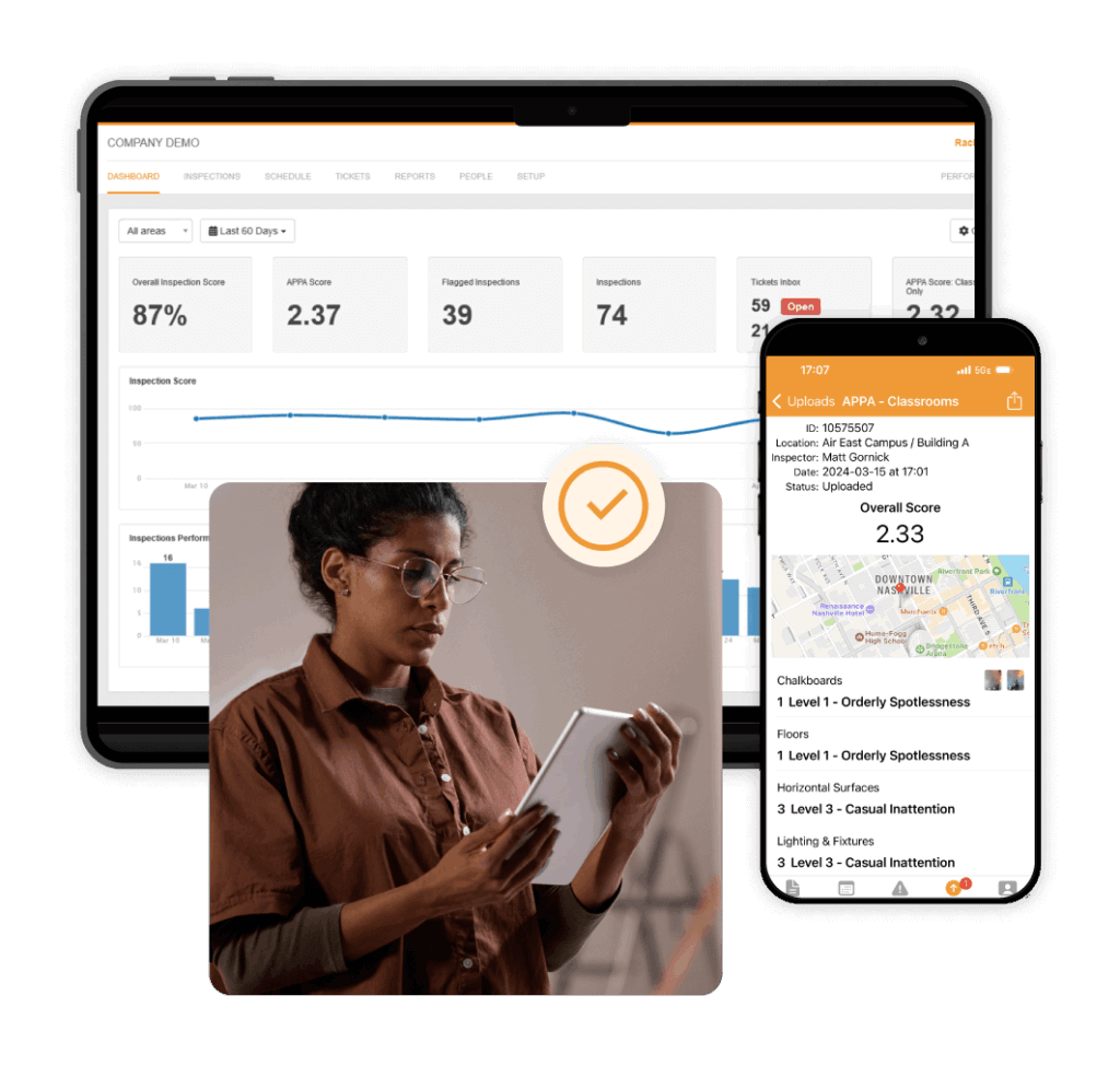 Facility team member using the OrangeQC cleaning standards app on a smartphone.