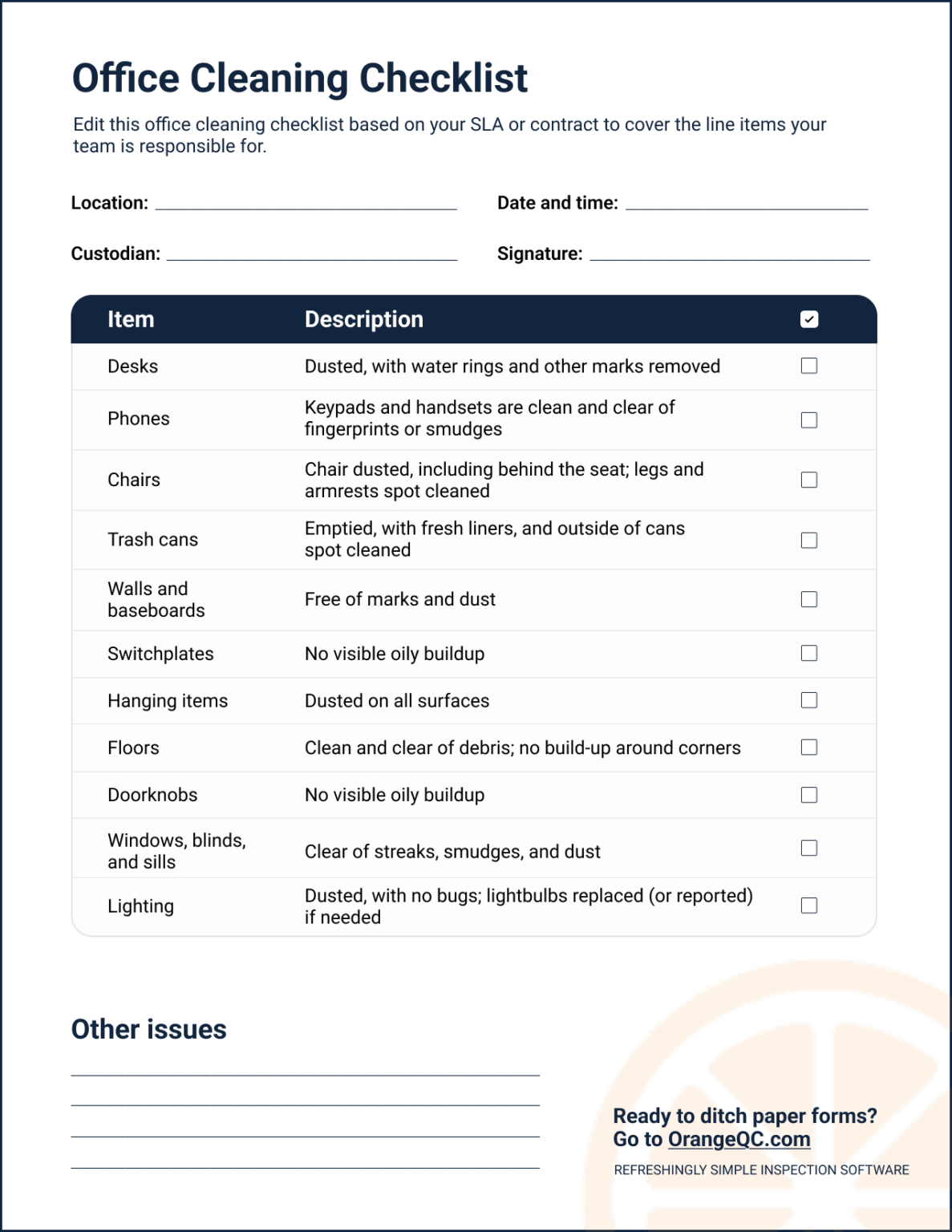 Customize this sample office cleaning checklist for your team.