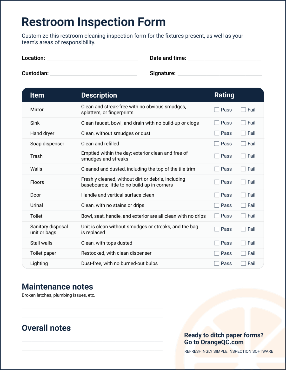 Customize this restroom inspection form for your facility.