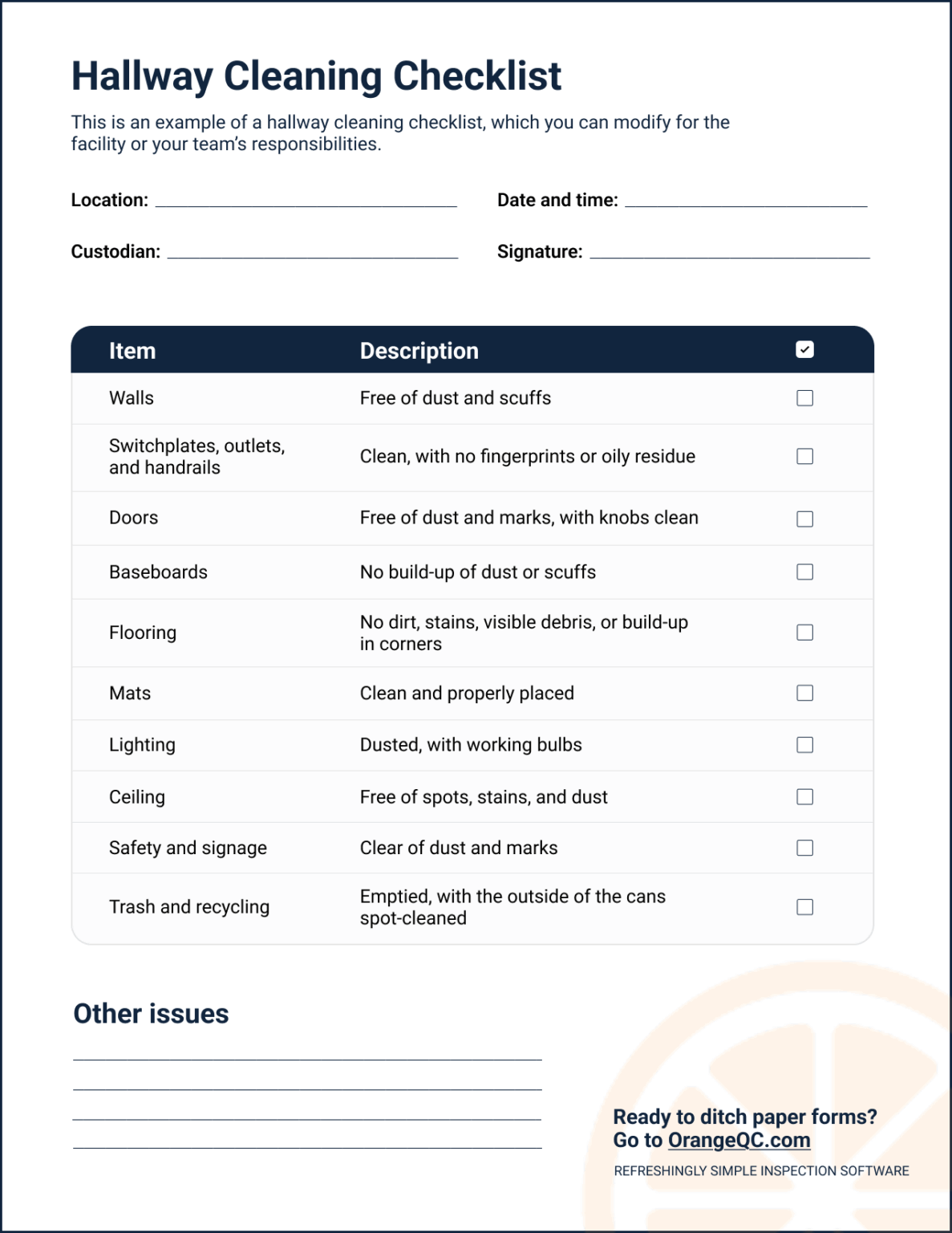 Customize this sample hallway cleaning checklist for your team.