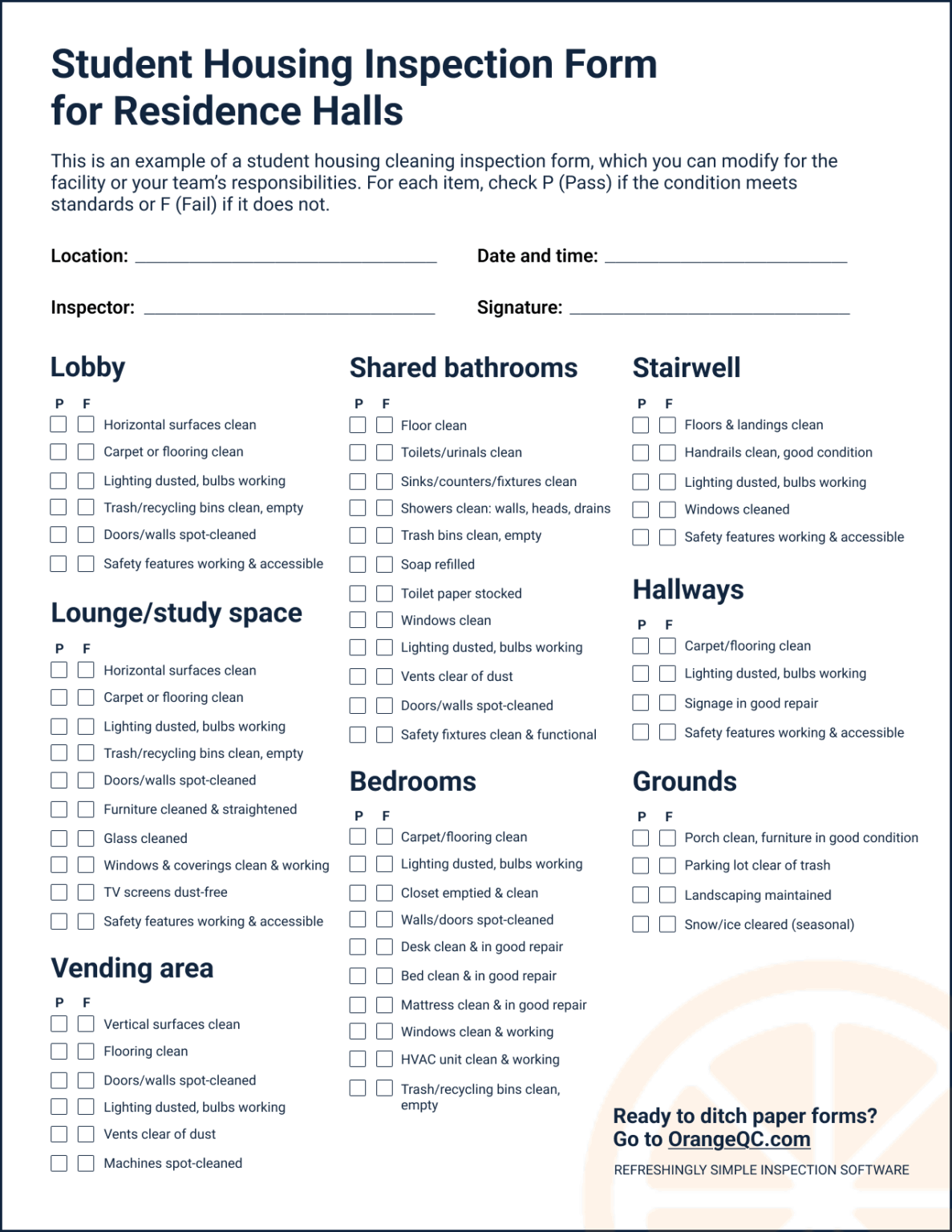 Student housing inspection form.