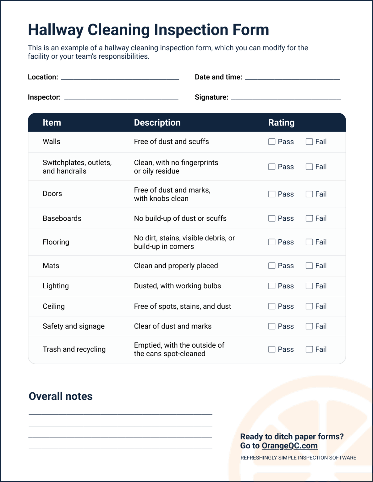 Customize this sample hallway inspection form for your team.