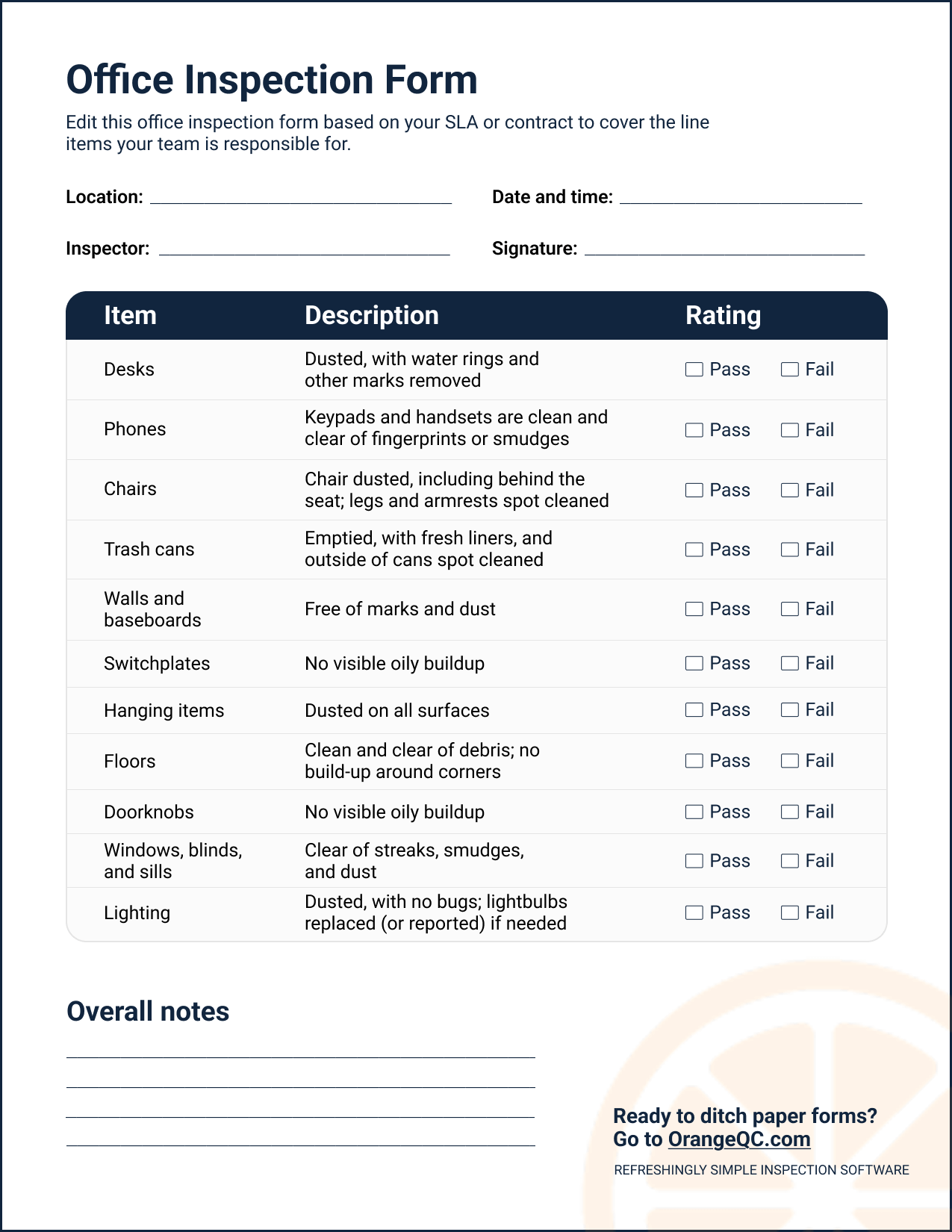 Office Inspection Form and Cleaning Checklist | OrangeQC