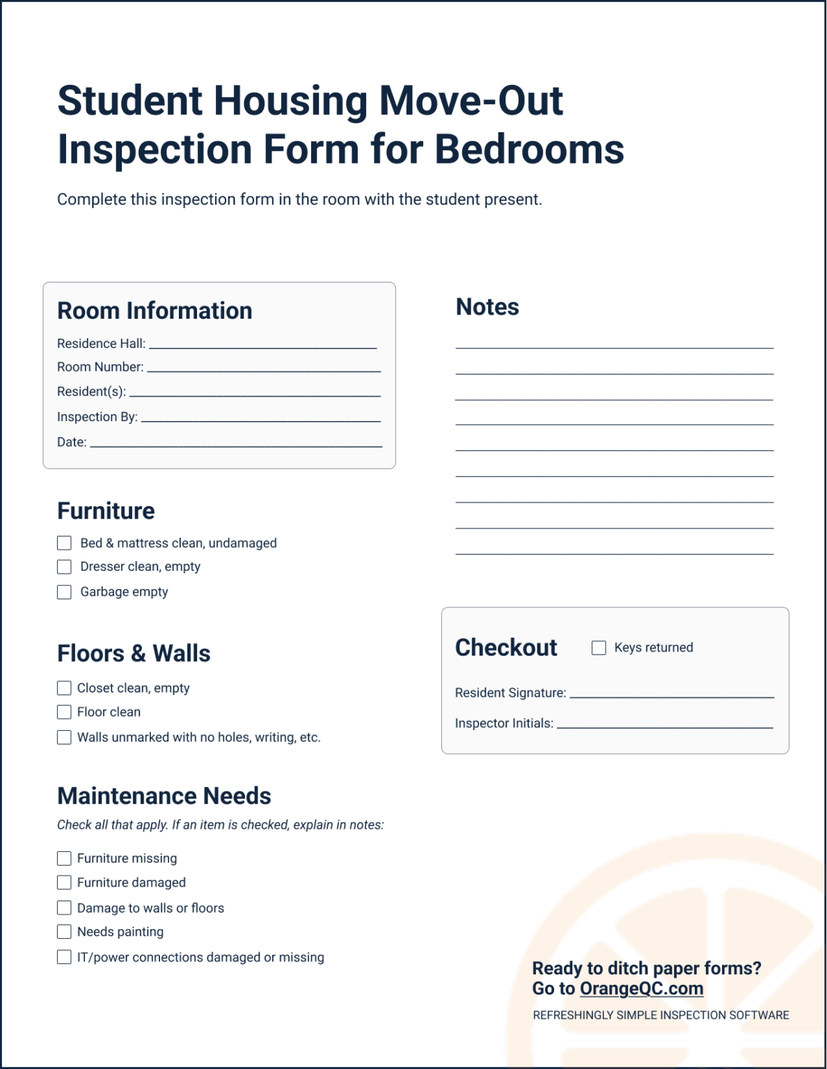 Customize this student housing move-out inspection form for bedrooms.