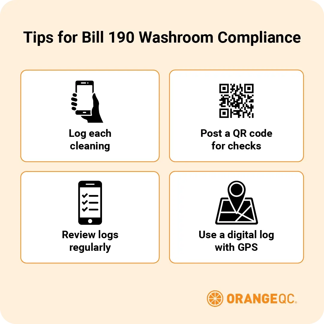 Tips for Bill 190 Washroom Compliance. Log each cleaning, post a QR code for checks, review logs regularly, use a digital log with GPS.