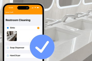 Restroom cleaning checklist on a phone, with sinks checked off and a photo included.