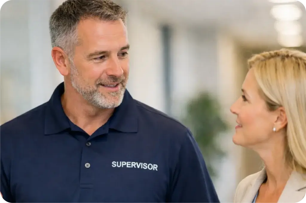 A photo depicting a supervisor walking a facility and talking to a client about a quality plan.