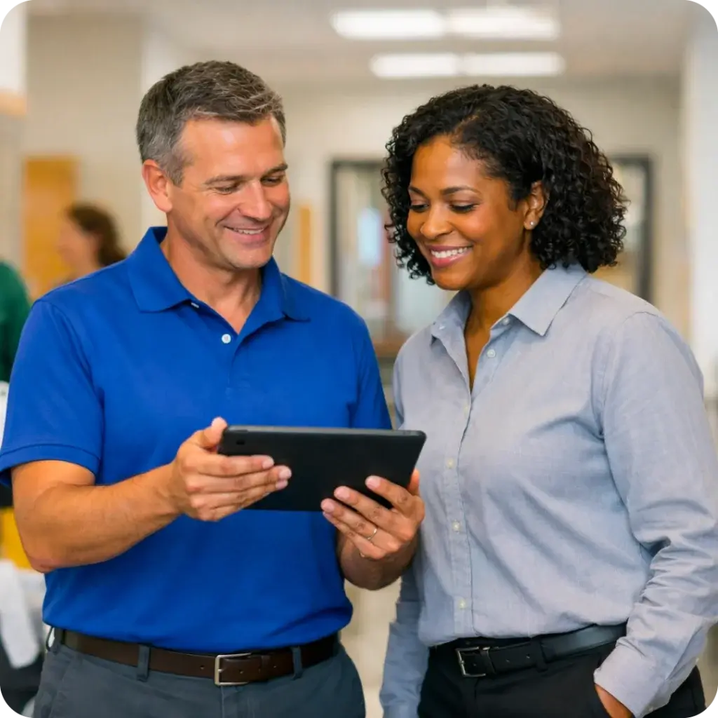 A photo depicting a janitorial team manager and their client performing a cleaning bid walk-through.