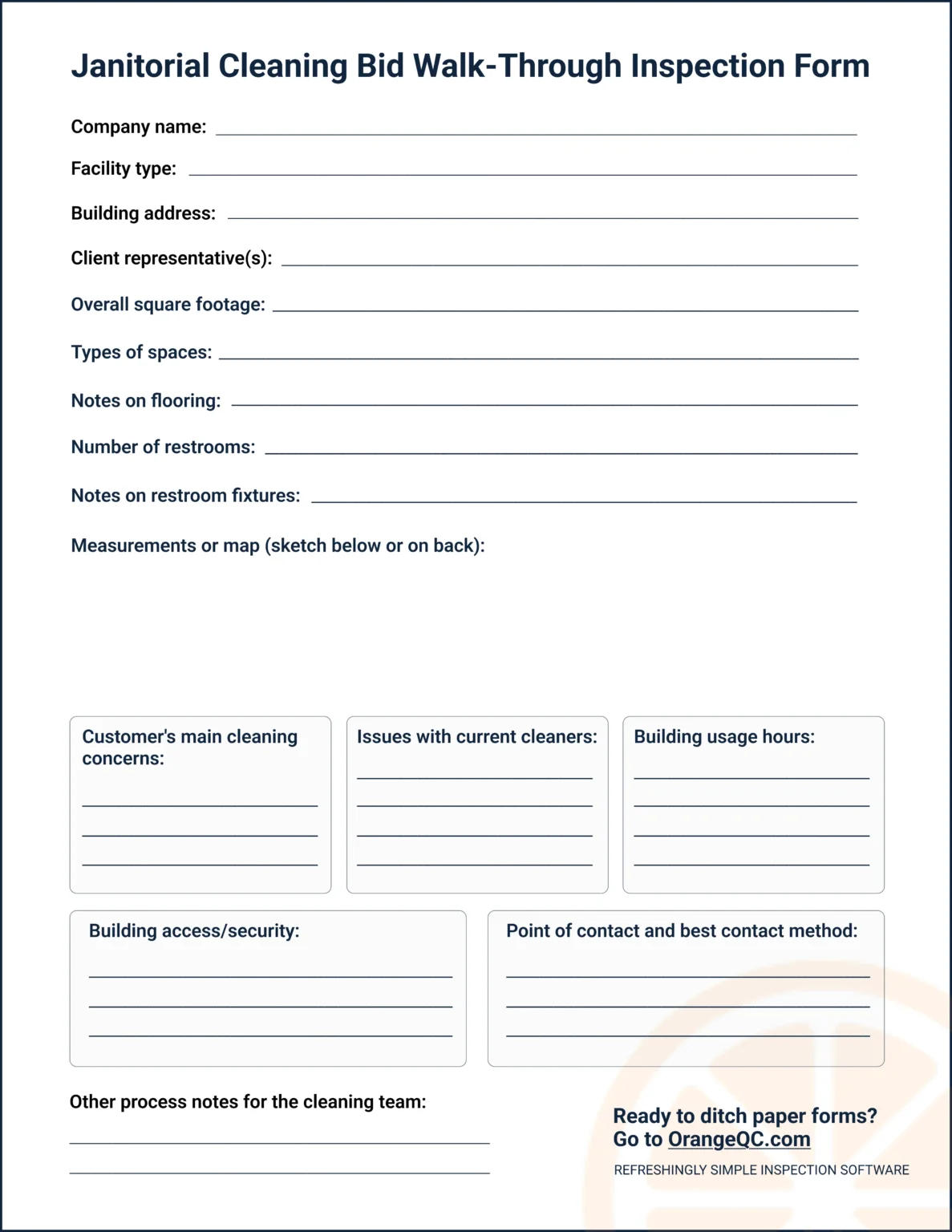 A pdf depicting a sample janitorial cleaning bid walk-through inspection form, referenced above.