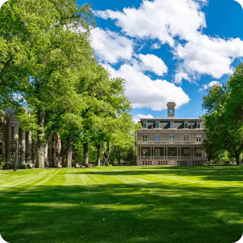 A photo of college grounds, illustrating landscaping quality control.