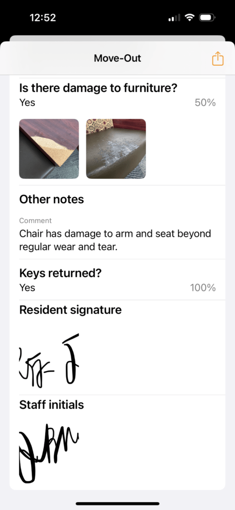 A mobile screenshot showing the second half of an inspection, with photos, comments, and signatures visible.