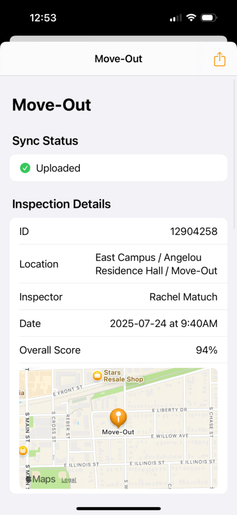 Mobile screenshot showing the top half of an inspection screen, with details such as sync status, location, date, and a map.