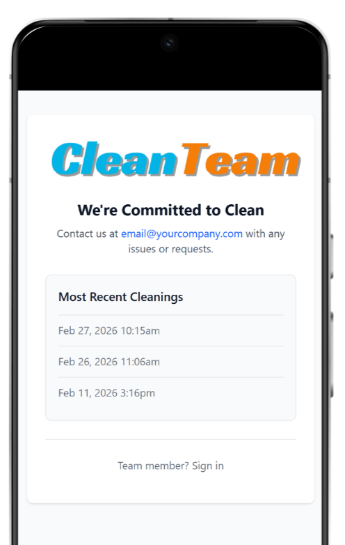 Phone showing a page with a cleaning team logo, message with contact information, and most recent cleaning dates and times.