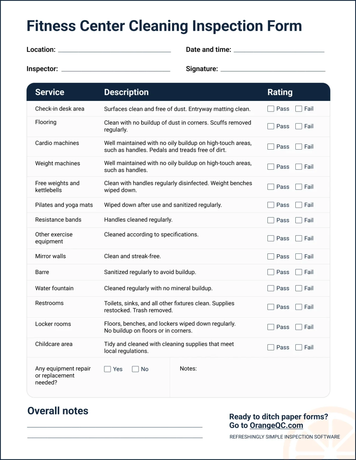 An image of the fitness center inspection form referenced above.