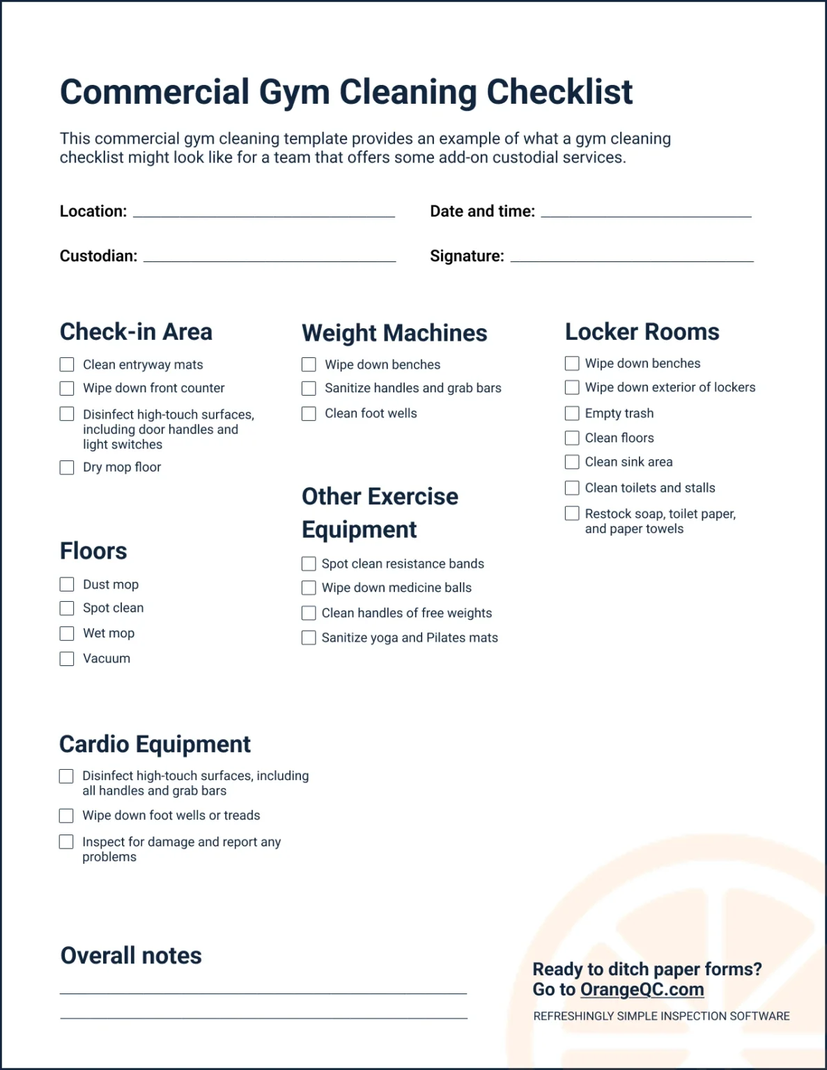An image of the commercial fitness center cleaning checklist mentioned above.