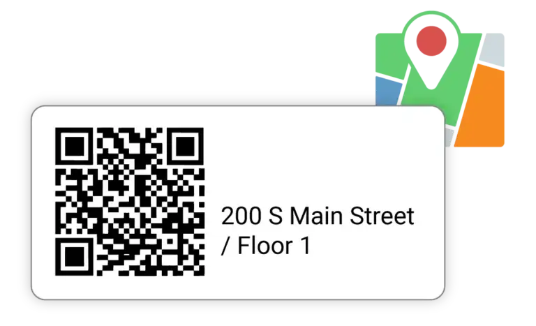An illustration depicting a custom QR code label generated for location along with a graphic of a location marker.