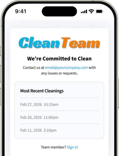 A photo featuring a mobile phone mockup displaying real-time cleaning and inspection logs via a custom QR code page. displayed to the left of the image.