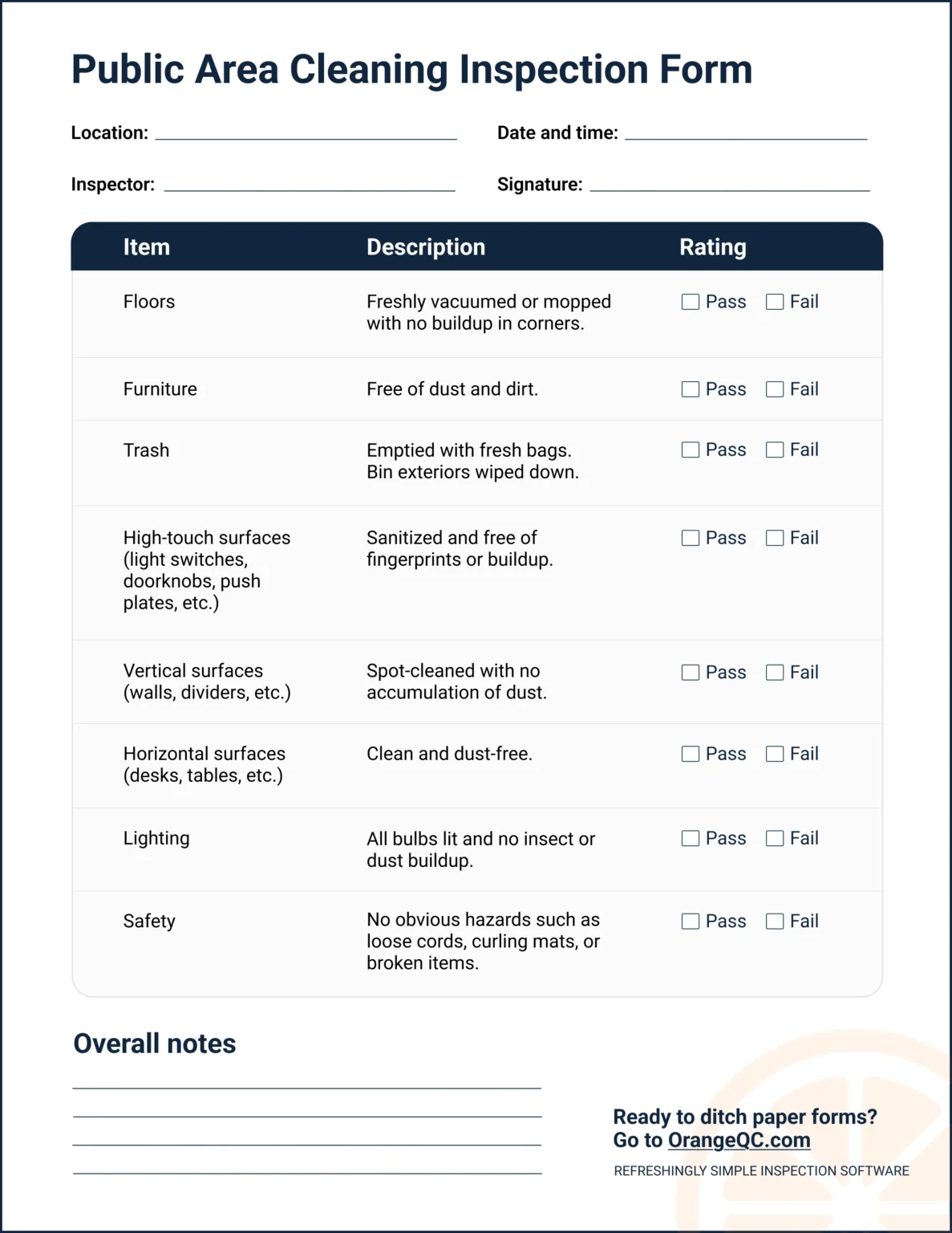 An image of the public area inspection form referenced above.