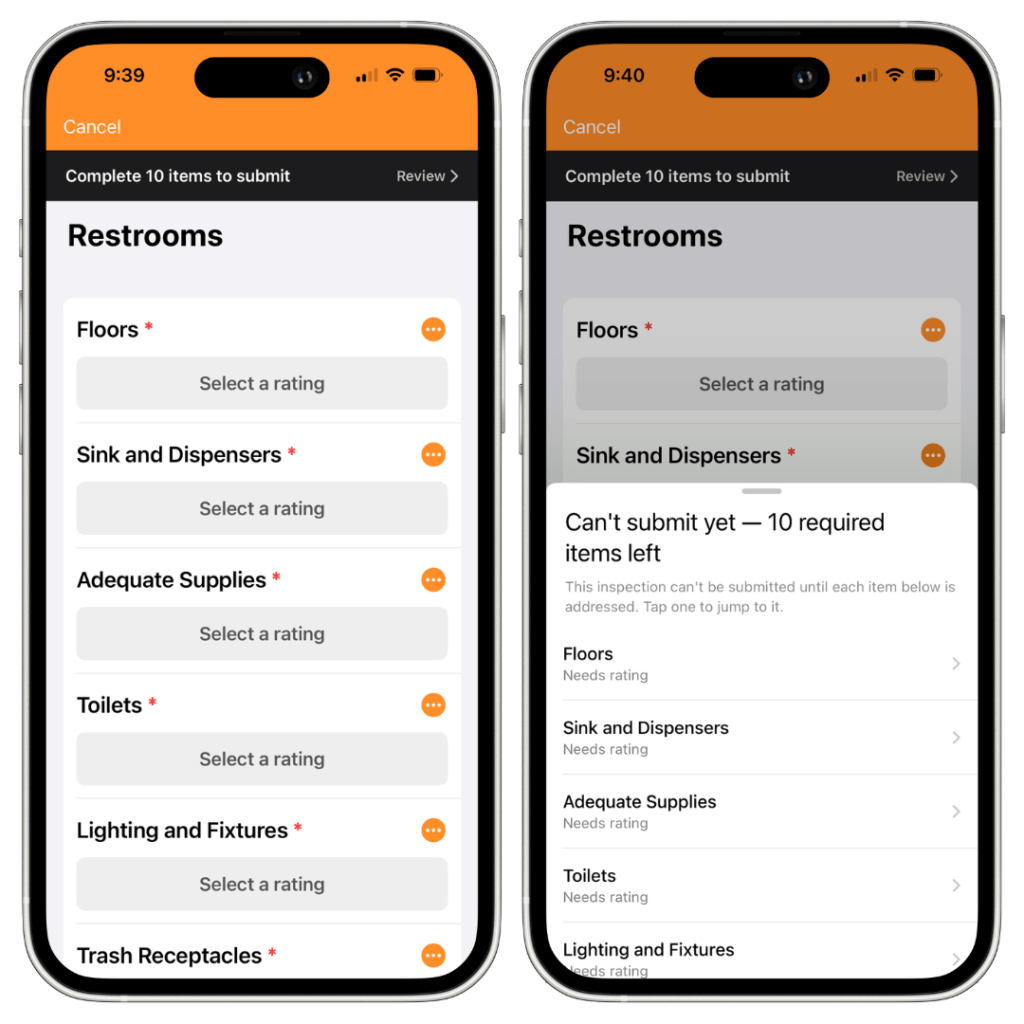 Two iPhones with inspection forms in OrangeQC. Each line item has a red asterisk to denote that it is required, and the ratings all show "Select a rating" by default. The screen on the right shows a notice that the form can't be submitted until 10 required items receive a rating.