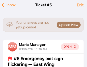 Screenshot from the OrangeQC iOS app showing a ticket screen. A bar at the top reads "Your changes are not yet uploaded" next to an "Upload Now" button.