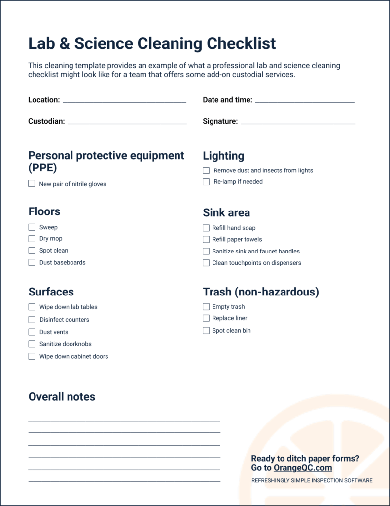 A lab and science room cleaning checklist template with fields for location, date, custodian, and signature, as well as task categories for personal protective equipment, floors, surfaces, lighting, sink area, and non-hazardous trash.