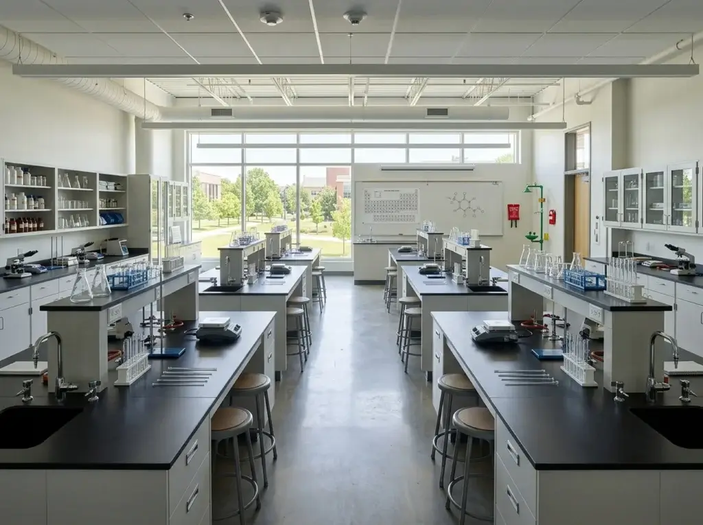 Clean, well-maintained science laboratory with empty workstations and research equipment.